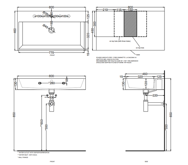 Cielo Smile lavabo 80x46 monoforo rettangolare sospeso o da appoggio con troppo pieno in ceramica lavagna