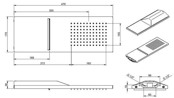 Treemme soffione doccia 74x17 rettangolare a parete con cascata e pioggia inox satinato