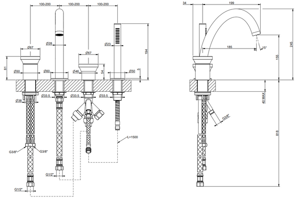 Gruppo vasca 4 fori con deviatore bocca e flessibile da 150 cm e doccetta anticalcare cromo Origini 66037 Gessi