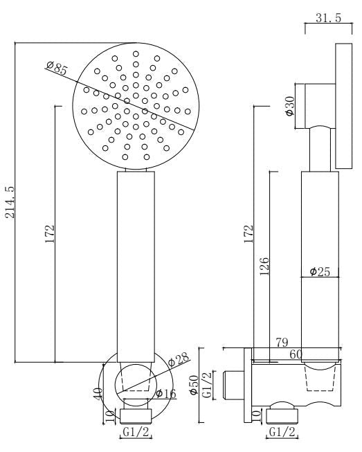 Disegno tecnico con quote di Doccetta tonda 8 cm con flessibile antitorsione 150 cm Cromo Lucido - Exagonshop