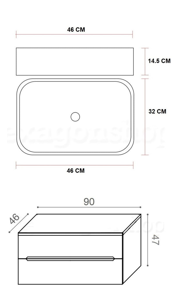 Mobile bagno teak 90x46 cannettato Urbino due cassetti con con lavabo e rubinetteria, vista frontale su sfondo neutro...