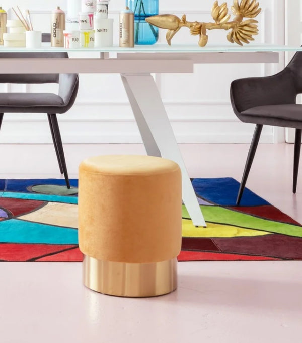 Cherry pouf sgabello 35 cm glamour moderno con fascia ottone e tessuto effetto velluto arancio giallo