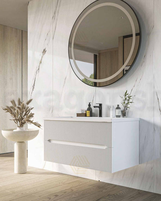 Mobile bagno bianco opaco 90x46 cannettato Urbino lavabo in, vista dall'alto del piano con lavabo - Exagonshop