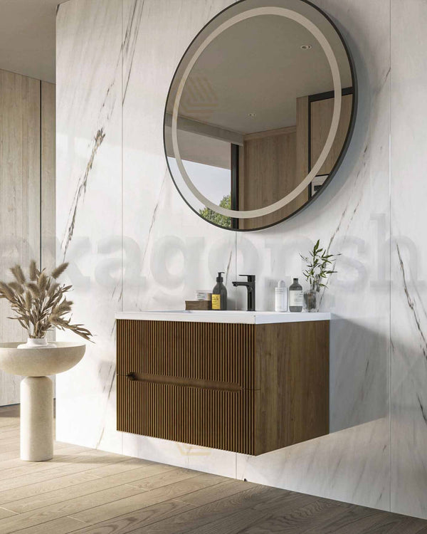 Mobile bagno noce chiaro 70x46 cannettato Urbino con lavabo, vista dall'alto del piano con lavabo - Exagonshop