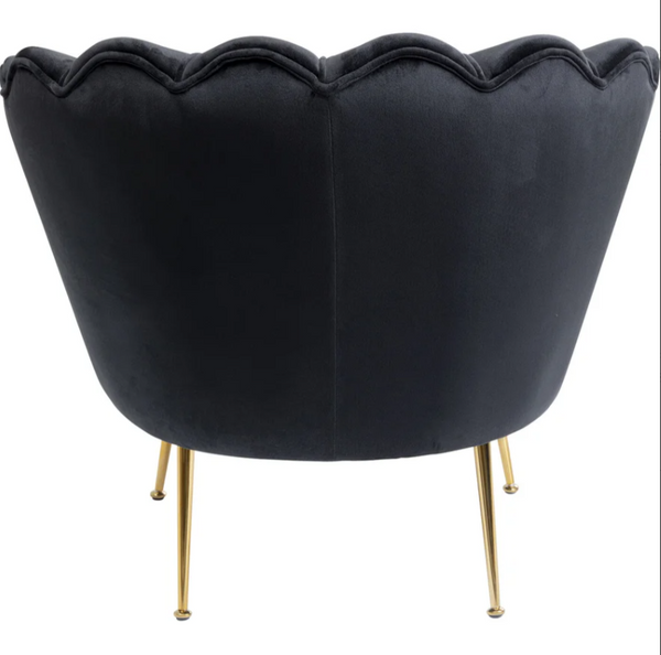 Water Lily Poltrona design Glamour con gambe in acciaio dorato e tessuto imbottito nero