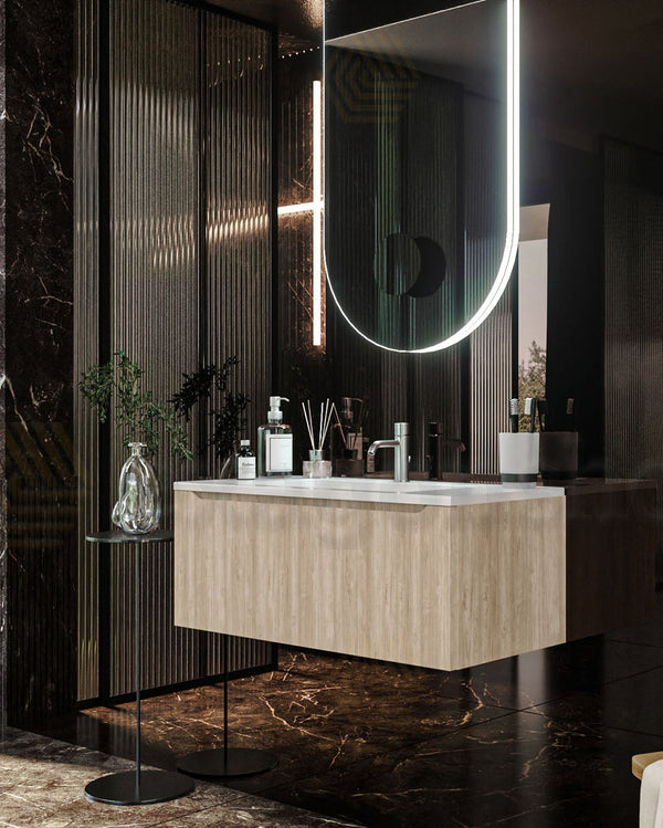 Mobile Bagno Teak 90x50 Amalfi Lavabo Mineralmarmo lucido, dettaglio ravvicinato della finitura e del cassetto - Exagonshop