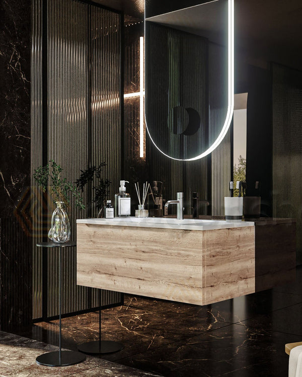 Mobile Bagno rovere 90x50 Amalfi Lavabo Mineralmarmo lucido, dettaglio ravvicinato della finitura e del cassetto - Exagonshop