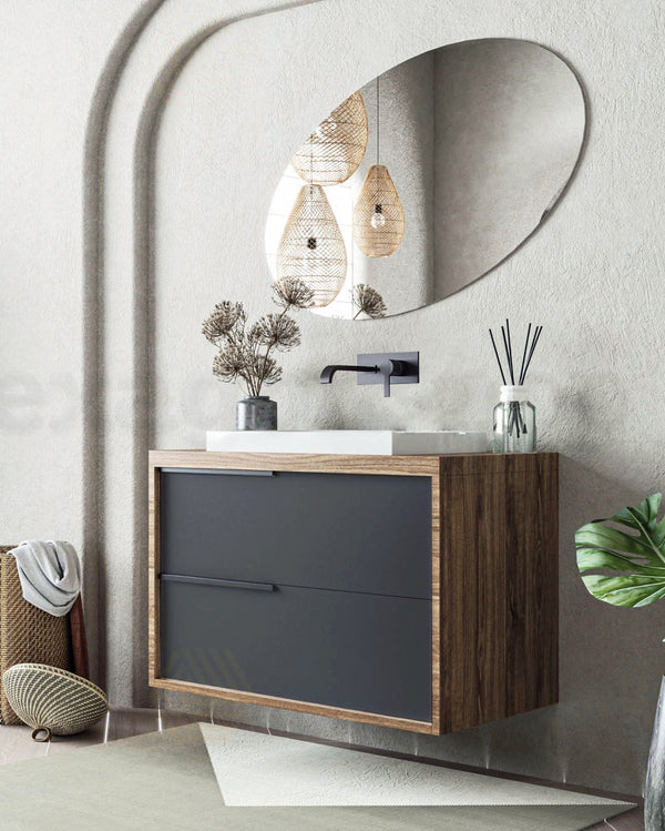 Mobile bagno 100x47 Urban noce antracite due cassetti con Noce Grigio Basalto, vista laterale della struttura sospesa...