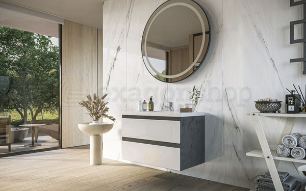 Mobile bagno 80x46 stone bianco lucido Milo a due cassetti con lavabo ad incasso