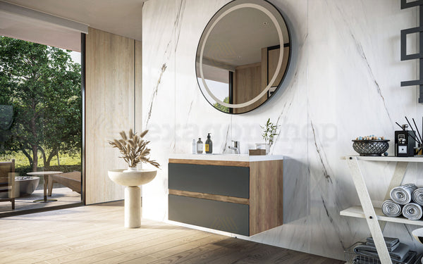 Mobile bagno 80x46 noce antracite Milo due cassetti con lavabo ad incasso