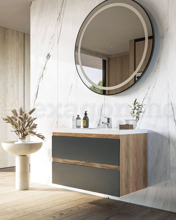 Mobile bagno 80x46 noce antracite Milo lavabo lucido, dettaglio ravvicinato della finitura e del cassetto - Exagonshop