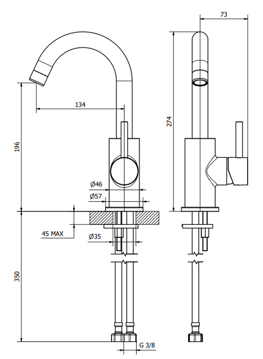 Jabil 35 Miscelatore lavabo leva laterale scarico click Cromo Lucido, vista laterale del profilo e della forma - Exagonshop