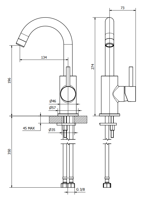 Jabil 35 Miscelatore lavabo leva laterale scarico click Cromo Lucido, vista laterale del profilo e della forma - Exagonshop