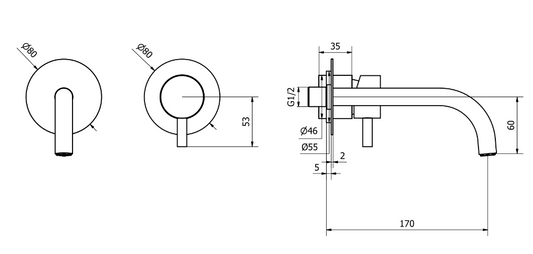 Miscelatore lavabo a parete bocca 165 mm scarico click Cromo Lucido, vista laterale del profilo e della forma - Exagonshop