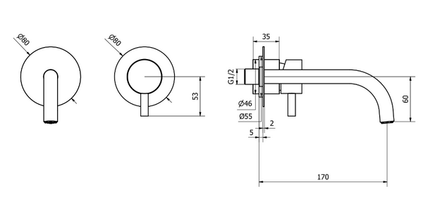 Miscelatore lavabo a parete bocca 165 mm scarico click Cromo Lucido, vista laterale del profilo e della forma - Exagonshop