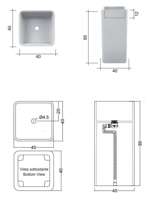 Lavabo freestanding 40x40 cm senza foro rubinetteria in ceramica bianco matt Nic Semplice