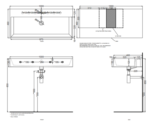 Cielo Smile Lavabo monoforo 100x46 sospeso o da appoggio con troppopieno in ceramica bianco lucido
