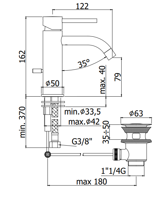 Paffoni Light LIG071CR Miscelatore Monocomando Lavabo Cromo, vista laterale del profilo e della forma
