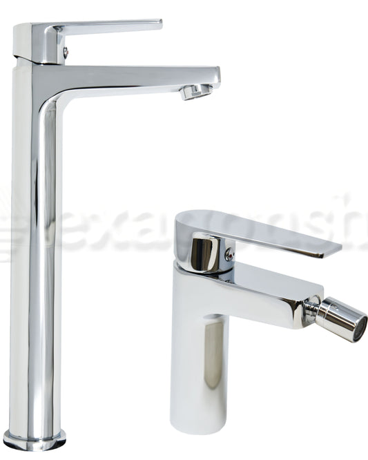 Coppia miscelatori lavabo alto e bidet in ottone senza Cromo Lucido, vista laterale del profilo e della forma - Exagonshop