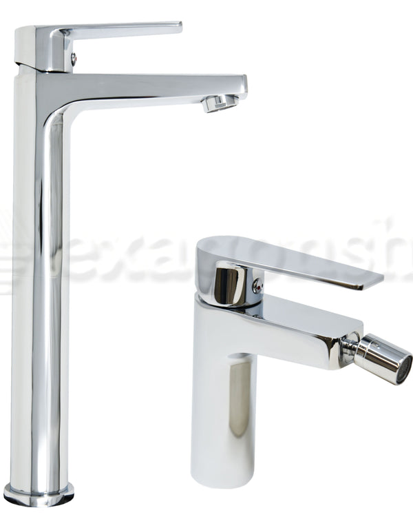 Coppia miscelatori lavabo alto e bidet in ottone senza Cromo Lucido, vista laterale del profilo e della forma - Exagonshop