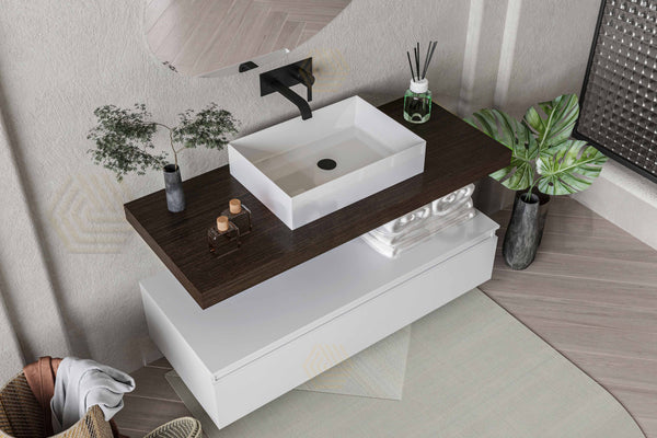 Mobile bagno caffe bianco opaco 120x50 Oasy con top e lavabo da appoggio