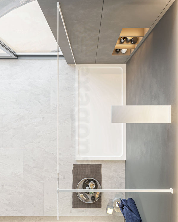 Schema tecnico di Walk in parete doccia fissa 140 cm vetro trasparente 8 mm H con misure e configurazione - Exagonshop