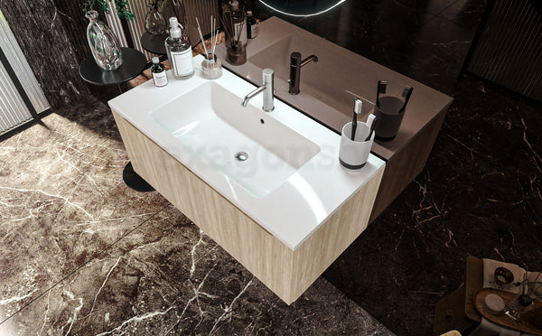 Mobile Bagno Teak 90x50 Amalfi Un Cassetto E Lavabo Integrato In Mineralmarmo