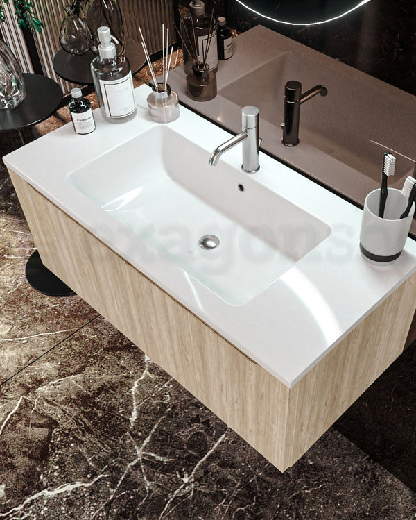 Mobile Bagno Teak 90x50 Amalfi Lavabo Mineralmarmo lucido, vista dall'alto del piano con lavabo - Exagonshop