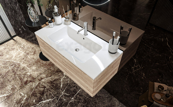 Mobile Bagno rovere 90x50 Amalfi Un Cassetto E Lavabo Integrato In Mineralmarmo