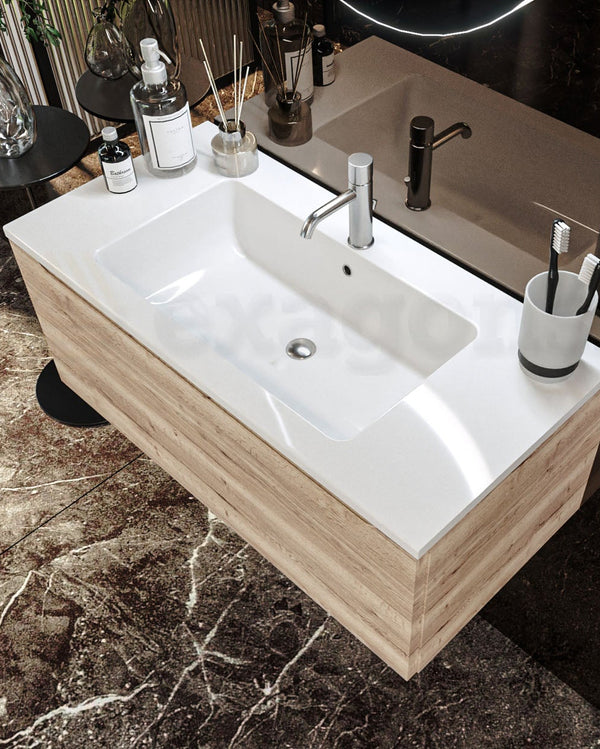 Mobile Bagno rovere 90x50 Amalfi Lavabo Mineralmarmo lucido, vista laterale della struttura sospesa - Exagonshop