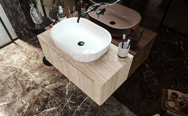 Mobile Bagno Teak 90x50 Amalfi Con Un Cassetto e Lavabo da appoggio in ceramica