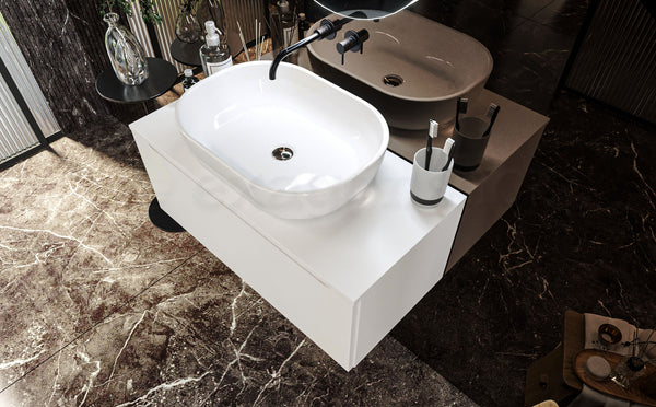 Mobile Bagno bianco opaco 90x50 Amalfi Un Cassetto e Lavabo da appoggio in ceramica
