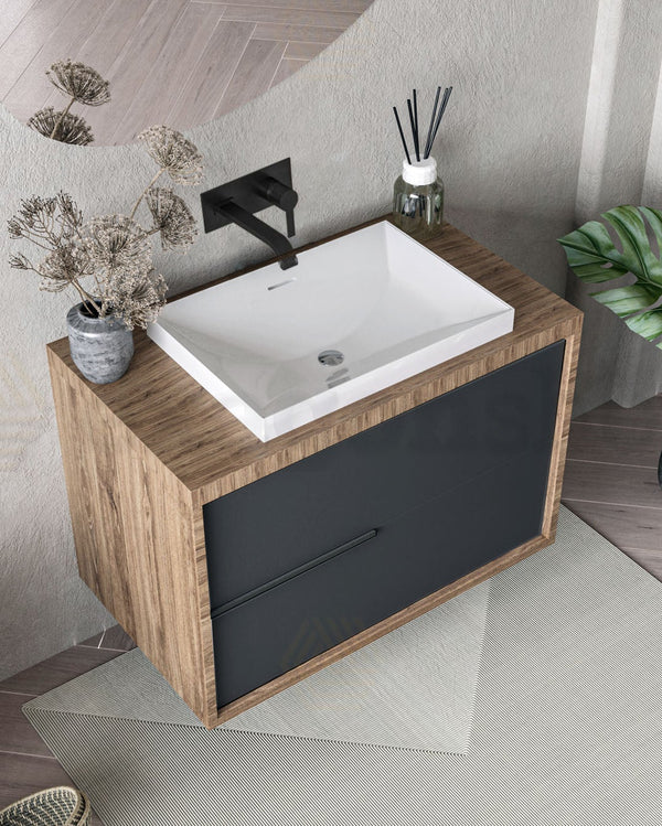 Mobile bagno 100x47 Urban noce antracite due cassetti con Noce Grigio Basalto, dettaglio ravvicinato della finitura e del...