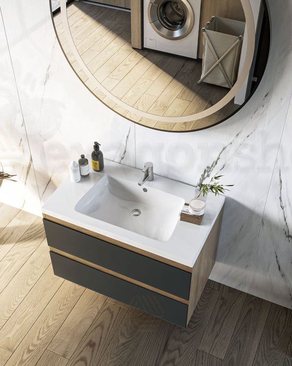 Mobile bagno 80x46 noce antracite Milo lavabo lucido, vista dall'alto del piano con lavabo - Exagonshop