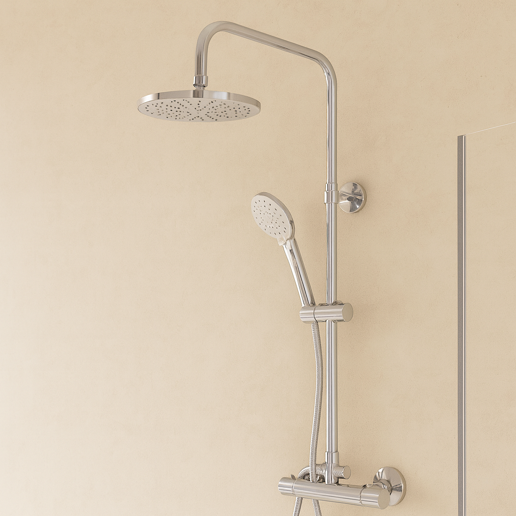 Colonna Doccia Termostatica tonda Regolabile in altezza con deviatore Soffione 20 cm Doccetta e flessibile 150 cm Ottone Cromo