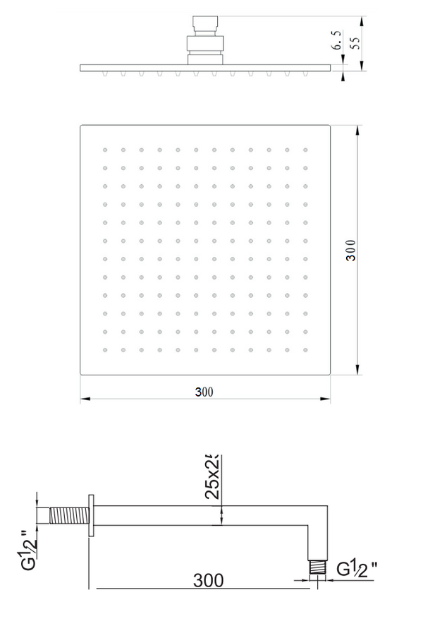 Soffione Doccia 30x30 Quadro con braccio 30 cm Acciaio Cromo Lucido