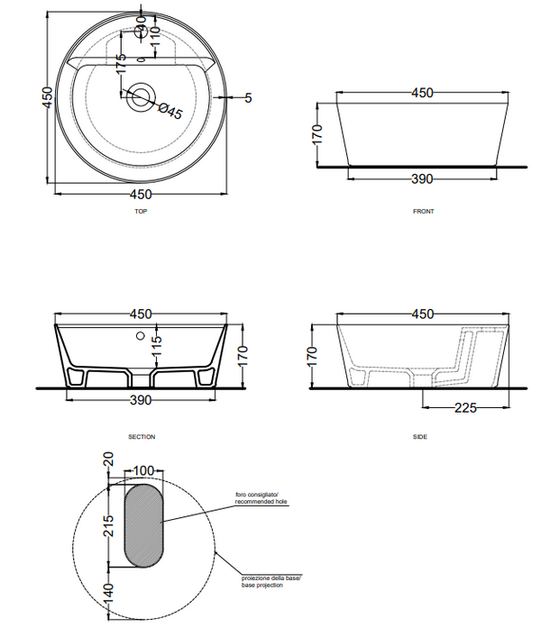Cielo Handy lavabo 45 cm tondo monoforo da appoggio e troppopieno in ceramica lavagna