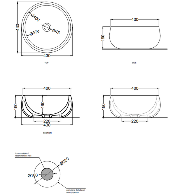 Cielo Tino bacinella 43 cm lavabo da appoggio senza troppopieno in ceramica bianco lucido