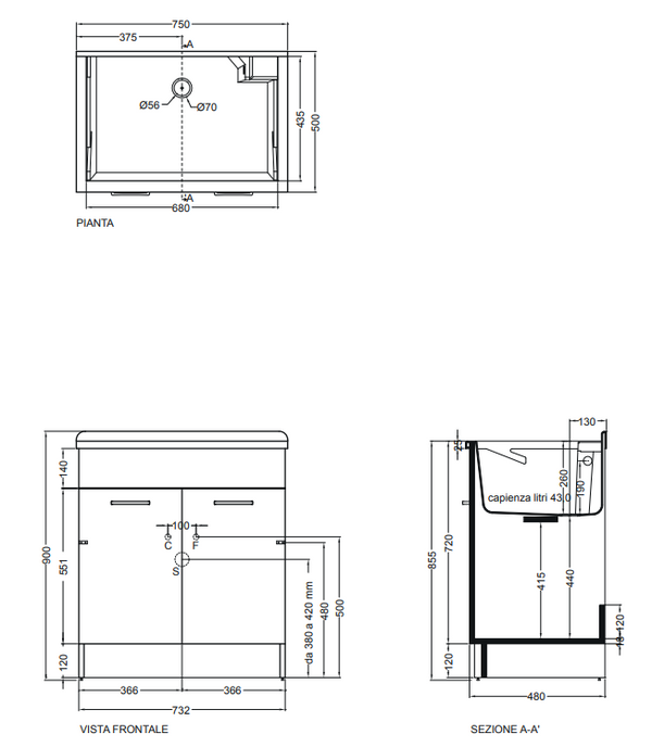 Colavene Lindo Max mobile lavatoio 75x50 senza cesto portabiancheria tavola in legno e vasca in abs bianco