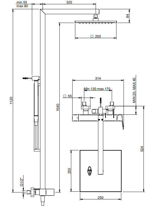 Treemme Pa36 colonna doccia con miscelatore soffione 25x25 anticalcare e doccetta cromo