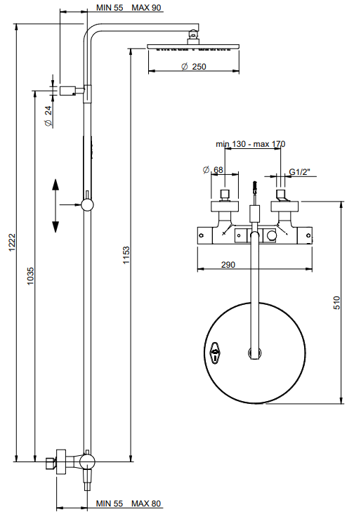 Treemme Up+ RWIT6581CC25 colonna doccia con gruppo termostatico doccetta e soffione 25 cm tondo anticalcare cromo