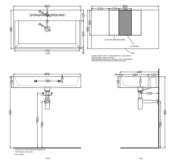 Cielo Smile lavabo 100x46 monoforo rettangolare sospeso o da appoggio con troppo pieno in ceramica talco