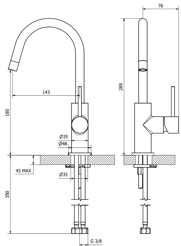 Jabil 25 Miscelatore lavabo leva laterale con scarico click Cromo Lucido, vista laterale del profilo e della forma...