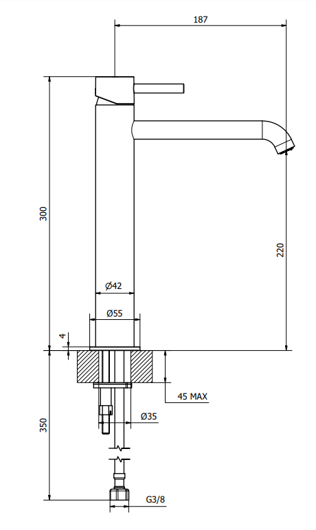 Miscelatore lavabo alto con scarico click clack cromo Jabil Cromo Lucido, vista laterale del profilo e della forma...