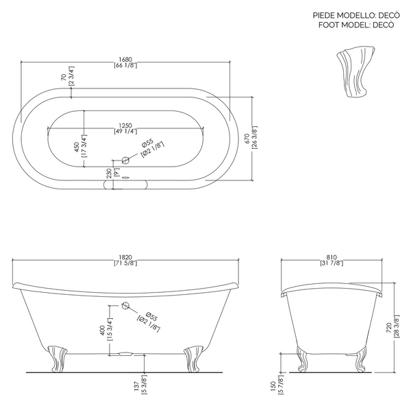 Devon&Devon Admiral Vasca 182x81 freestanding in ghisa piedi deco alluminio naturale cromo