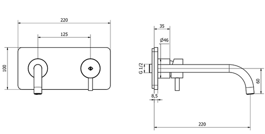 Jabil Miscelatore lavabo a parete scarico click clack bocca Cromo Lucido, vista laterale del profilo e della forma...