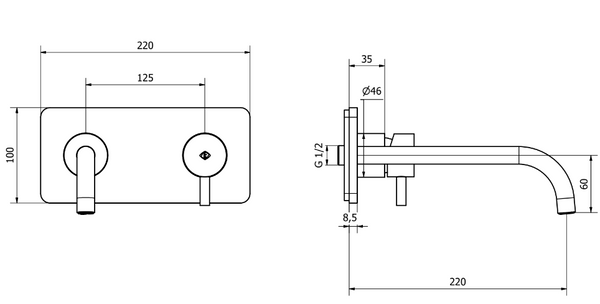 Jabil Miscelatore lavabo a parete scarico click clack bocca Cromo Lucido, vista laterale del profilo e della forma...