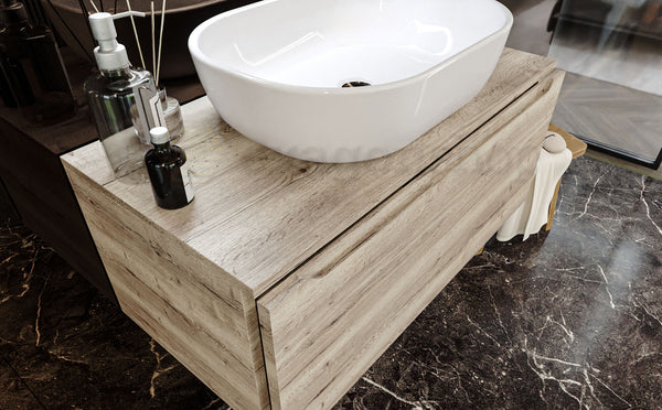 Mobile Bagno rovere 90x50 Amalfi Con Un Cassetto e Lavabo da appoggio in ceramica