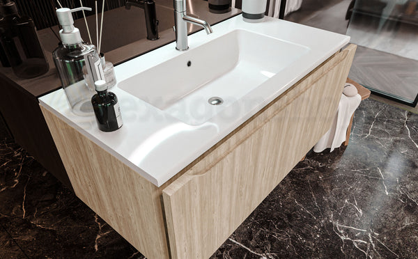 Mobile Bagno Teak 90x50 Amalfi Un Cassetto E Lavabo Integrato In Mineralmarmo