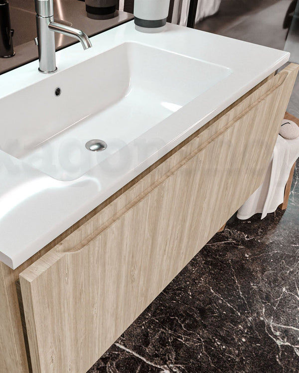 Mobile Bagno Teak 90x50 Amalfi Lavabo Mineralmarmo lucido con lavabo e rubinetteria, vista frontale su sfondo neutro...
